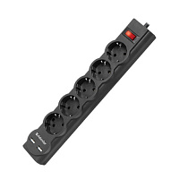DFS 751, Сетевой фильтр, 5 роз./10A/USBx2 (2,1A), DEFENDER, L=1800mm, черный