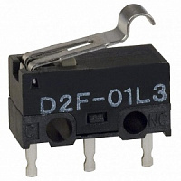 D2F-01L3 (5,08mm), Микропереключатель, с рычагом с имитацией ролика, SPDT, ON-(ON), на печатную плату, Omron, 0.1A, 30V, 12,8х5,8, h=6mm, 85...-25°С