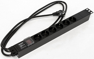 SHE19-6SH-S-2.5EU, Блок розеток для 19" шкафов, 2.5м, 6 розет., с выкл., подсветка, Hyperline